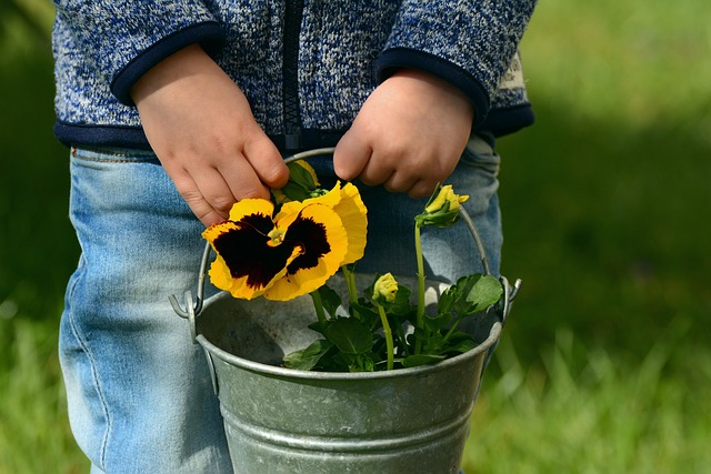 child holding bucket with flower