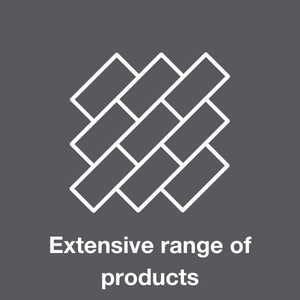 a logo of patio pattern with the caption extensive range of products