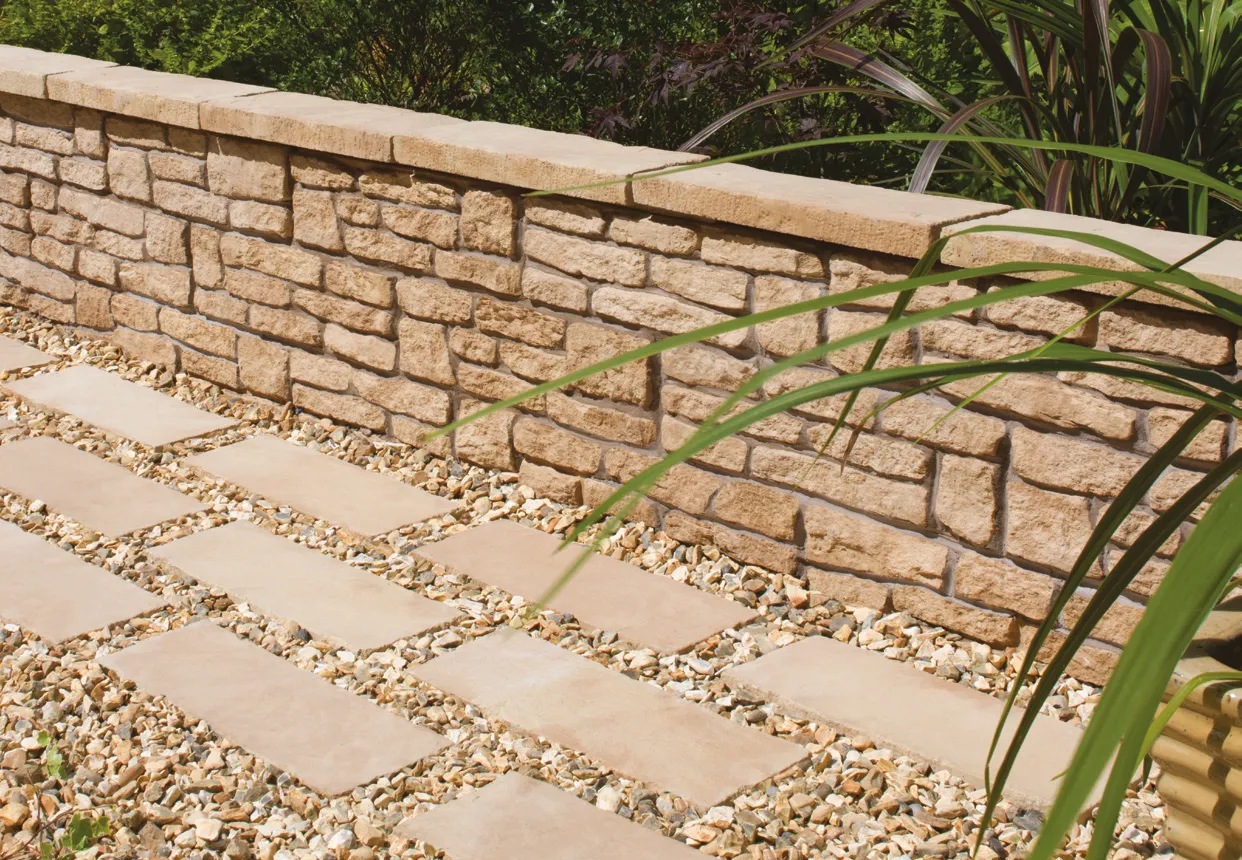 Old Riven Eco Walling in garden setting.