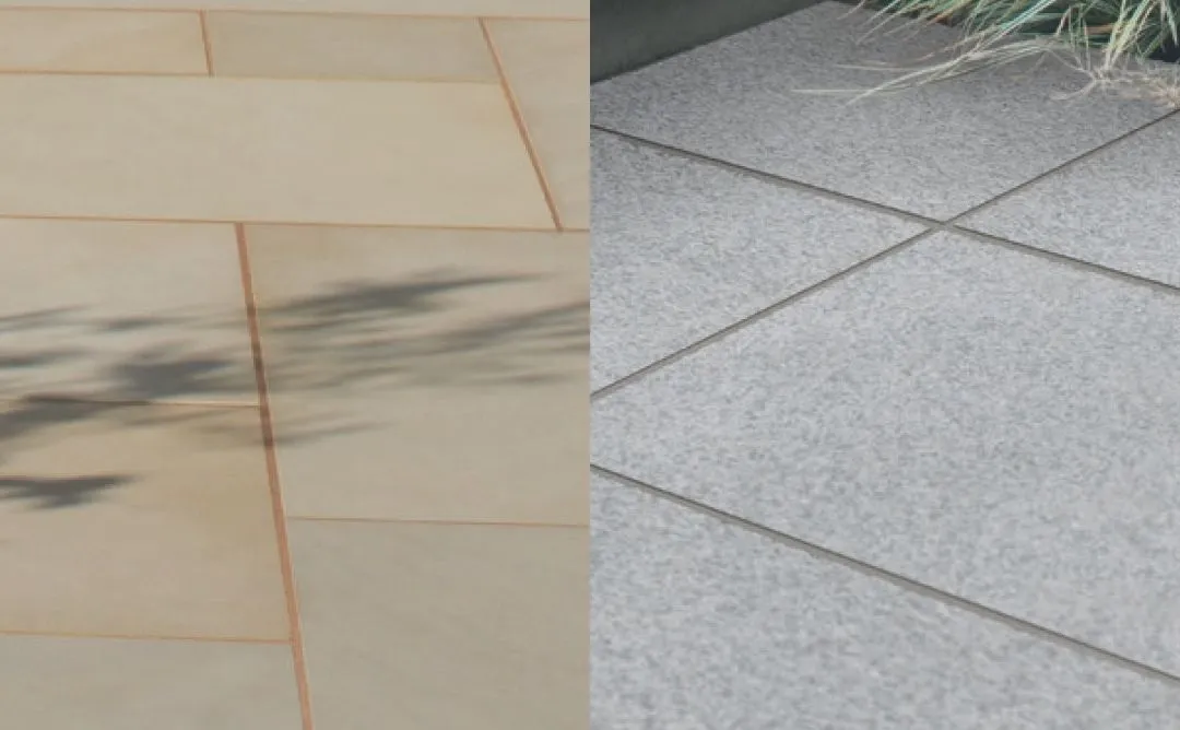 Split view of natural sandstone paver in grey and cream tones